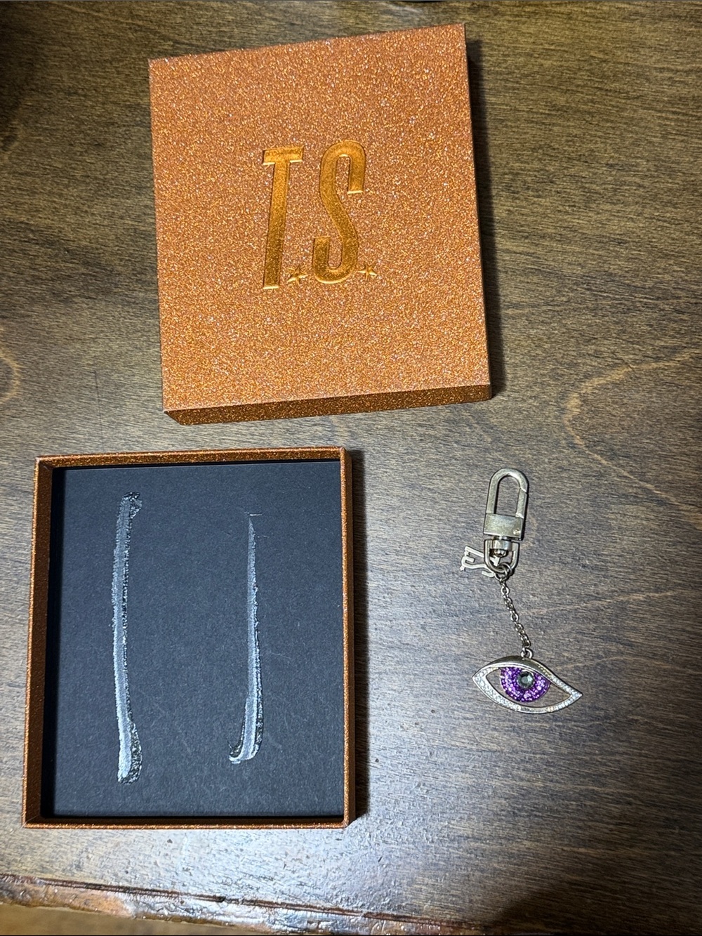 TS Glitter Jewelry Orange Box with Violet Eye Charm Keychain